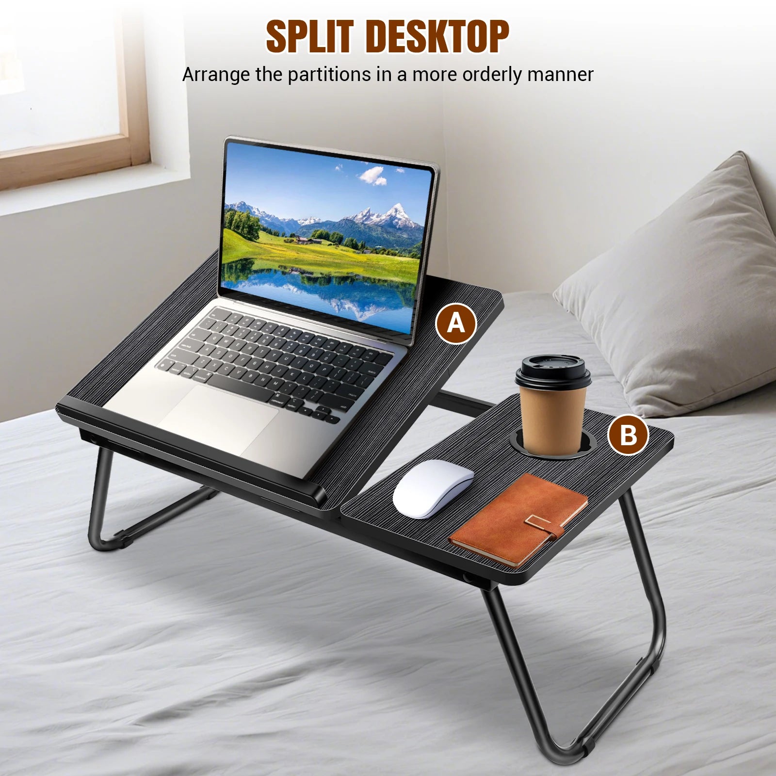 Laptop Bed Table, Adjustable Laptop Desk with Foldable Legs, Cup Holder & Book Stand, Tray Table for Home Office, Studying, Read