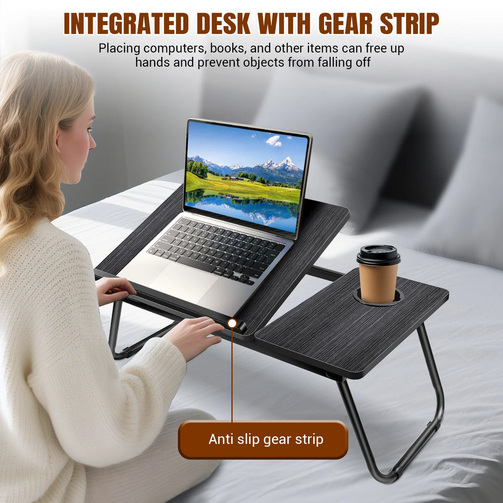 Laptop Bed Table, Adjustable Laptop Desk with Foldable Legs, Cup Holder & Book Stand, Tray Table for Home Office, Studying, Read