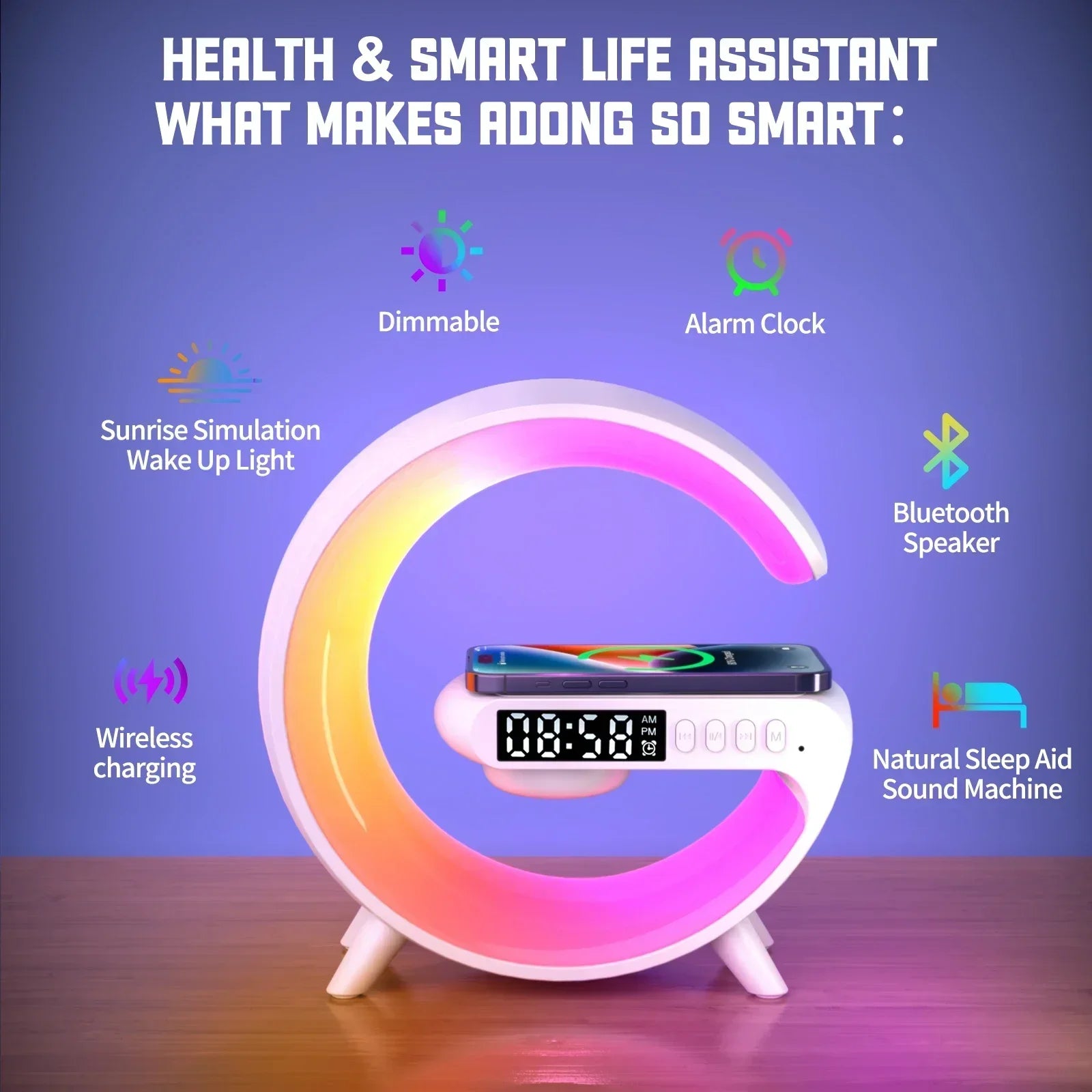 G Atmosphere Goodnight Light Wireless Charger Speaker Clock 6 Lighting Modes for iPhone 15 14 13 Samsung Fast Charging Station