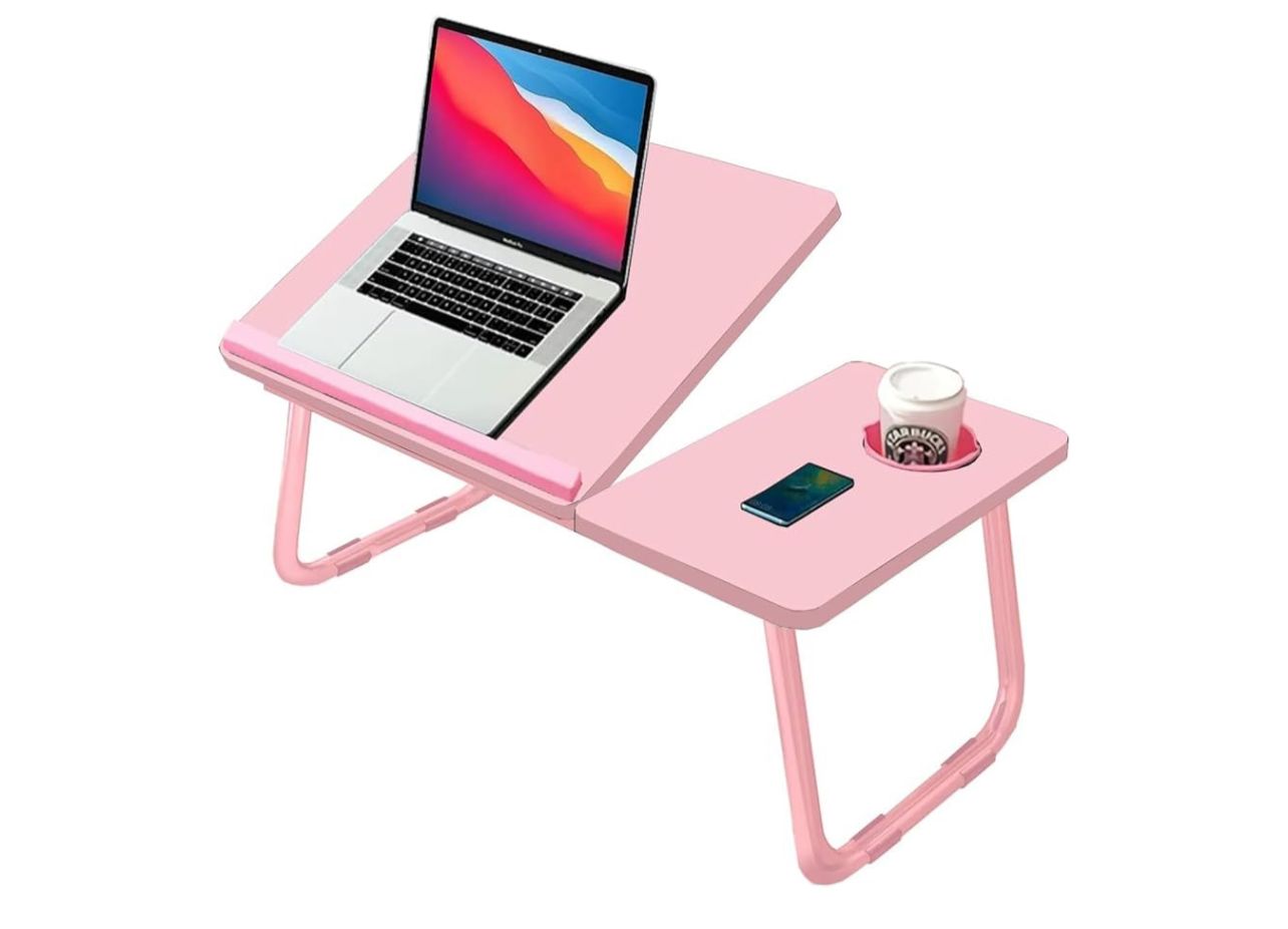 Laptop Bed Table, Adjustable Laptop Desk with Foldable Legs, Cup Holder & Book Stand, Tray Table for Home Office, Studying, Read