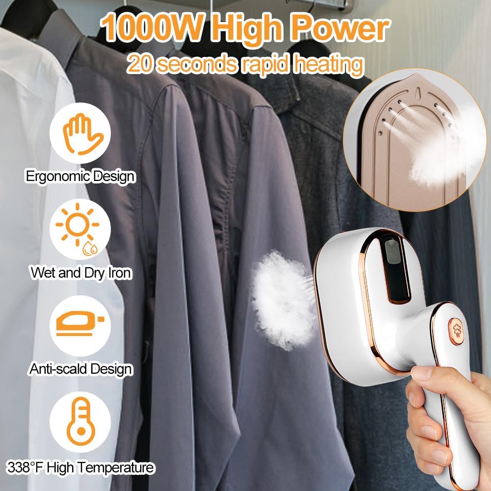Mini Steam Iron, 1000W Portable Handheld Travel Steam Iron, 180° Rotating