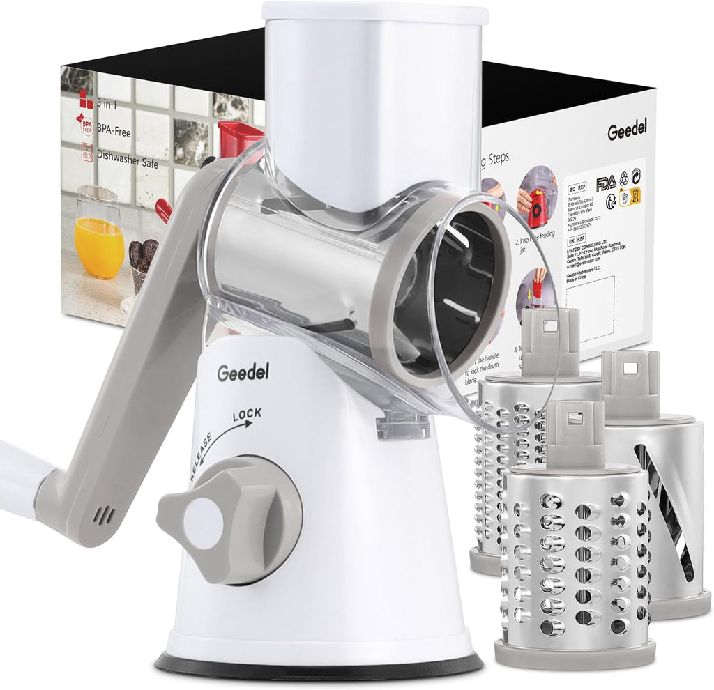 Rotary Cheese Grater, Vegetable Slicer Graters for Kitchen, 3 Blades | Versatile, Time-saving, 12x Fast Cutting (US)